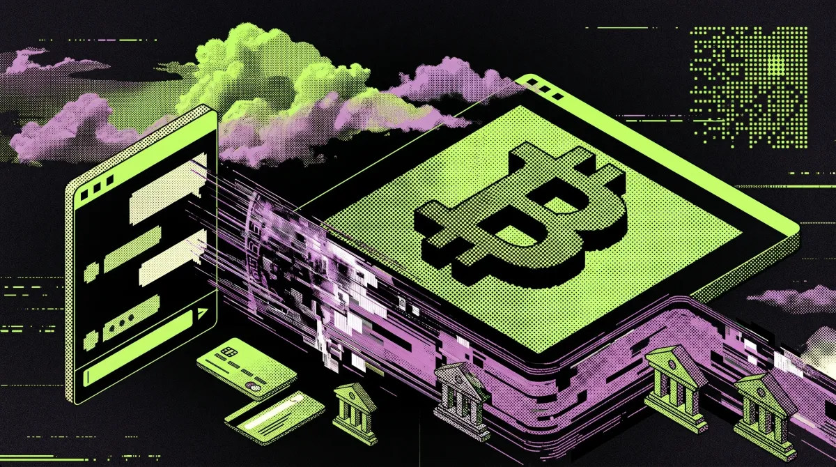 Illustration of a Bitcoin wallet app connected to banking and payment rails, representing MoonPay’s crypto onramp integration in the ChatGPT App Store.