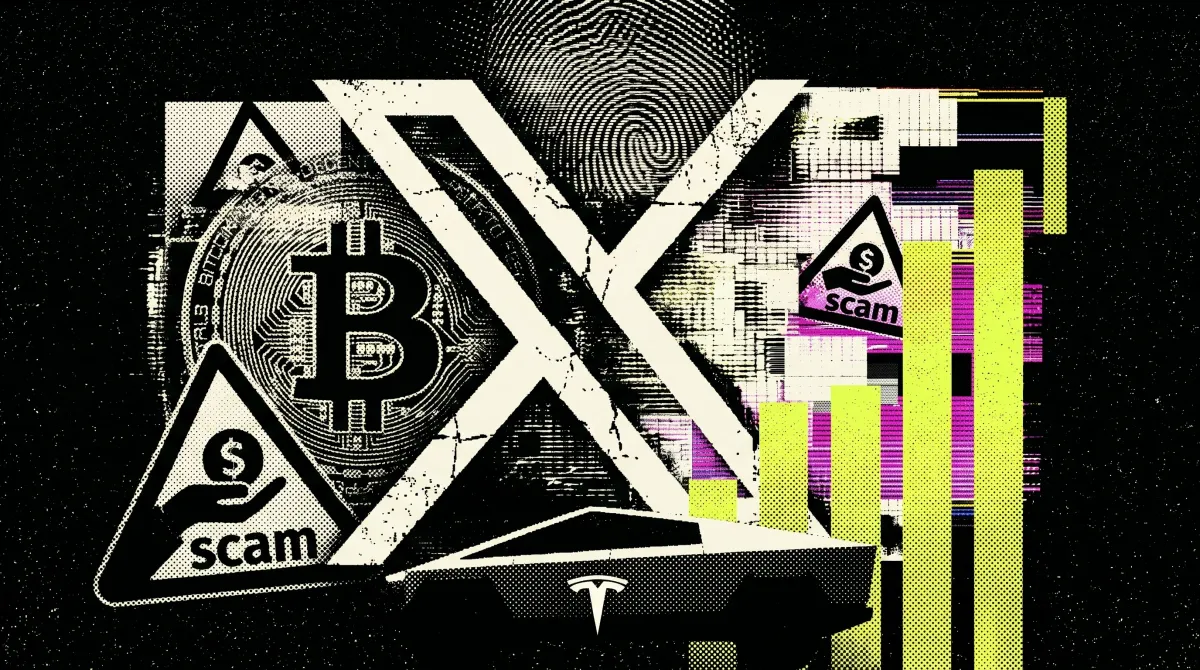 Stylized X logo with Bitcoin symbol, scam warning signs, and rising chart bars, illustrating crypto skepticism and X’s expanding market feed.