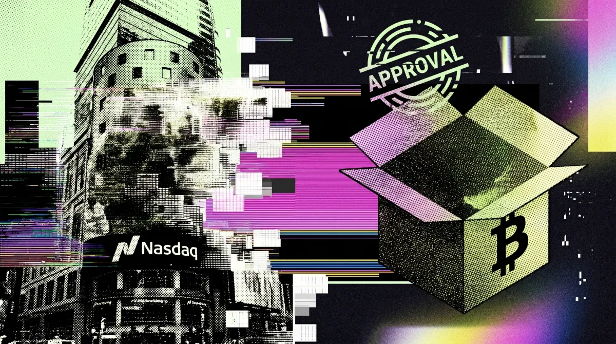 Illustration of Nasdaq and a Bitcoin-themed box marked “approval,” representing SEC approval of QBTC Bitcoin index options.