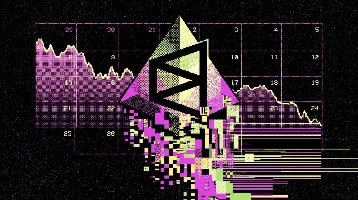 Polymarket logo dissolving against a falling market chart and calendar graphic representing declining monthly trading volume.