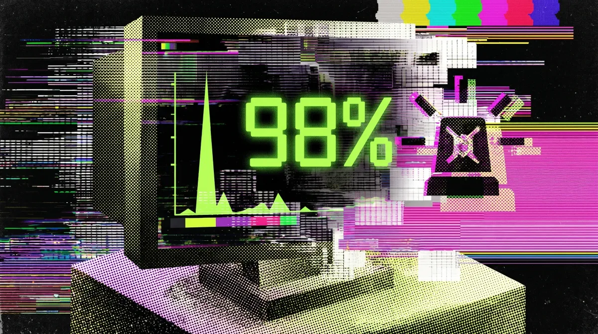 Illustration of a computer monitor displaying a 98% success rate beside warning symbols, representing suspiciously successful Iran war bets on Polymarket.