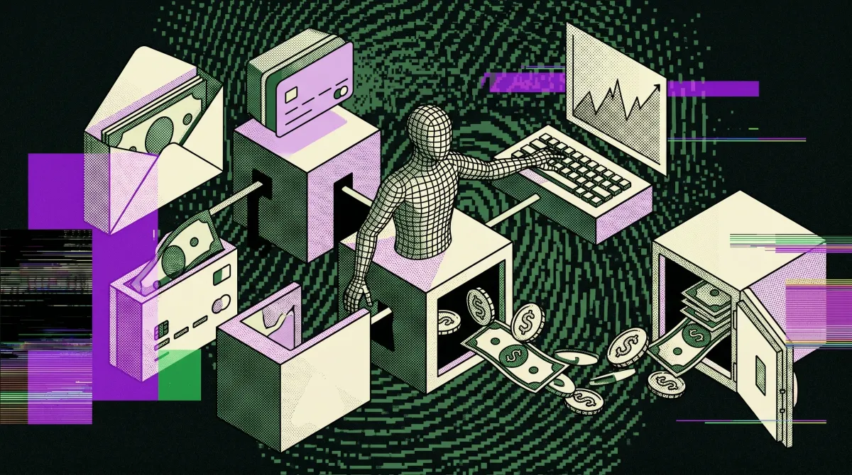 Illustration of AI agents managing stock trading, payments, and spending across connected financial accounts and digital wallets.