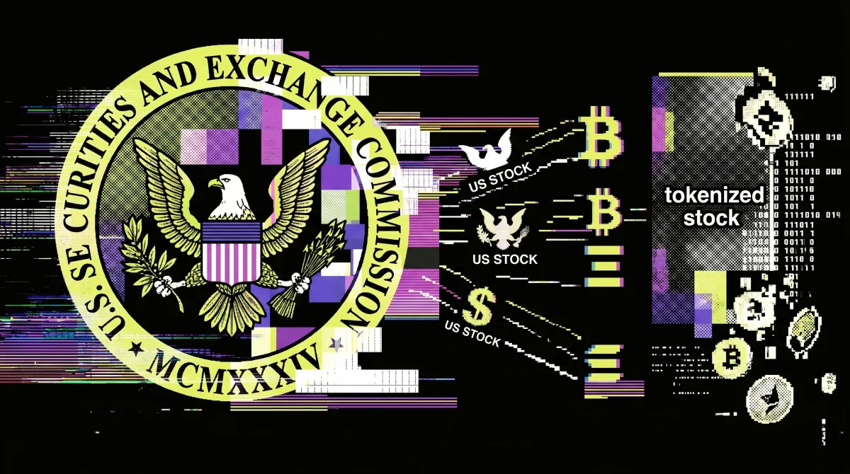 Illustration of the SEC seal alongside digital stock and crypto symbols, representing the expansion of tokenized US stock trading on crypto venues.
