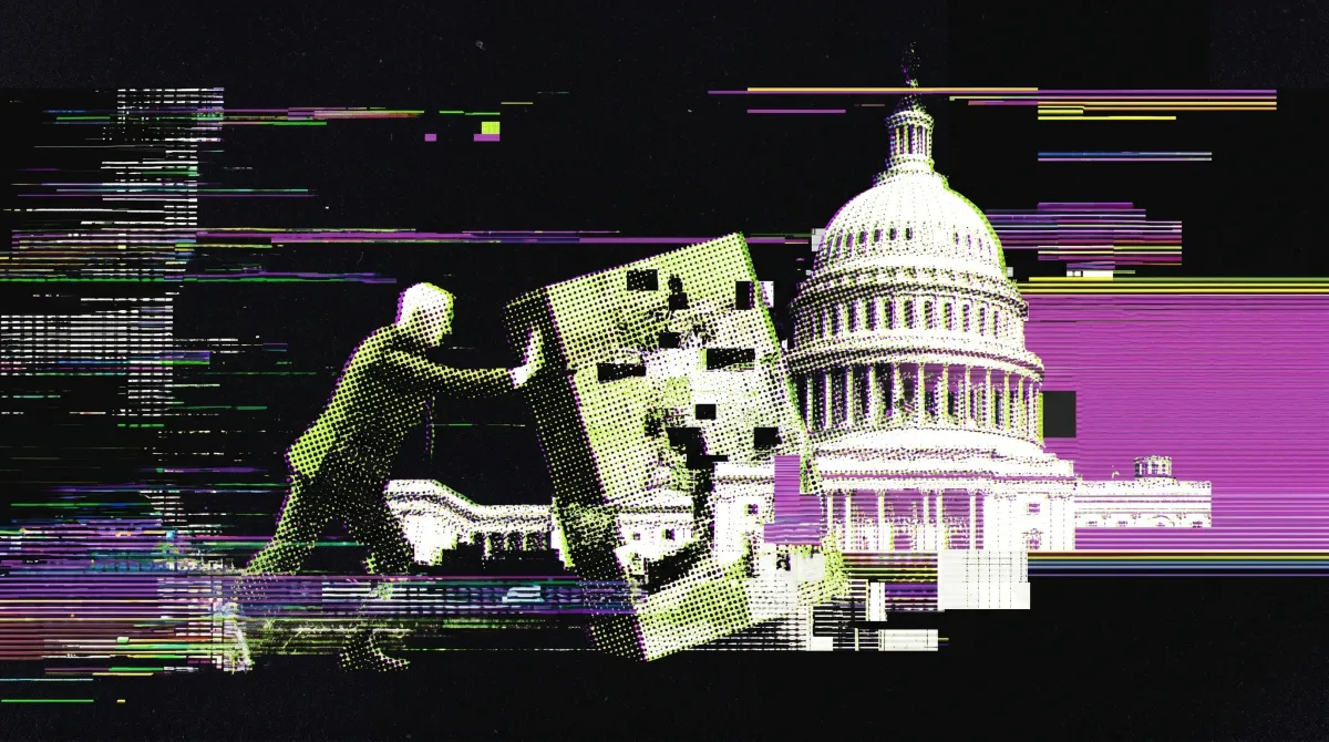 Illustration of the US Capitol and a figure pushing a large document, symbolizing progress toward landmark US crypto legislation.