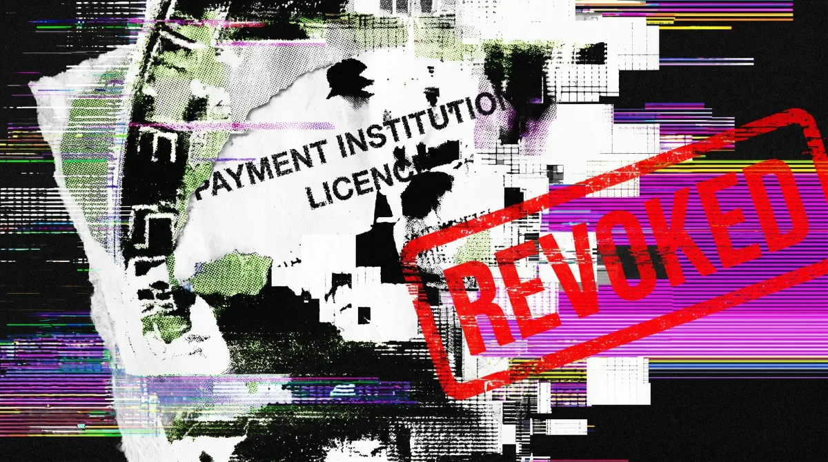 Stylized image of a revoked payment institution licence with a red “REVOKED” stamp, representing Singapore’s enforcement action against crypto firm Bsquared Technology.