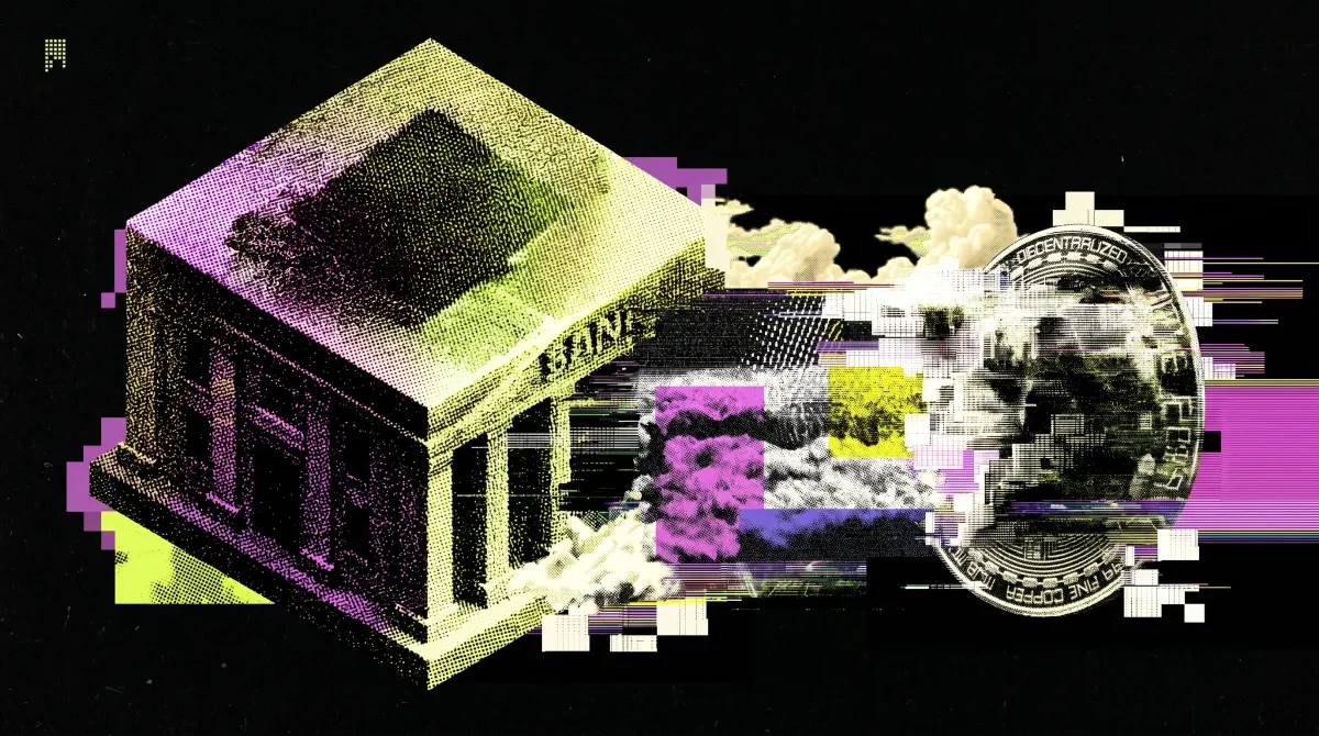 Illustration of a traditional bank building merging into a Bitcoin coin through digital glitch effects.