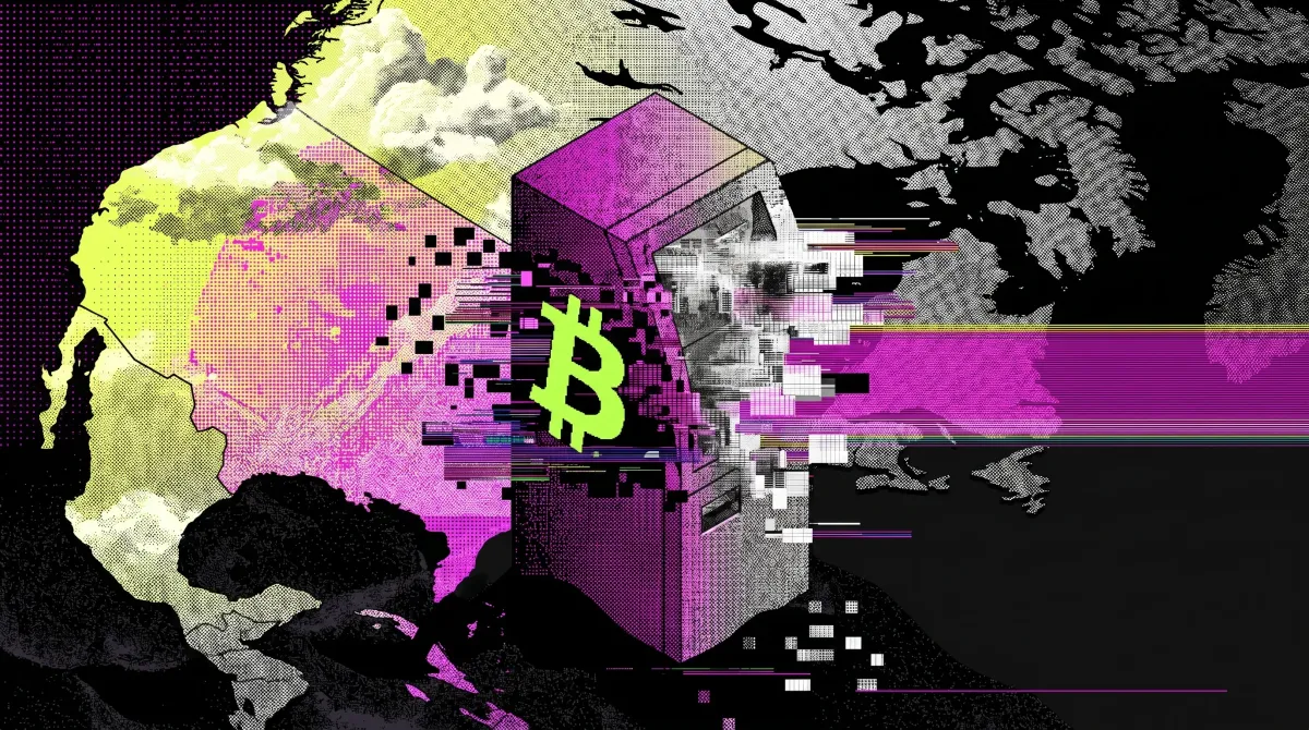 Illustration of a Bitcoin ATM glitching apart over a map of North America, representing the collapse of a major crypto ATM network.