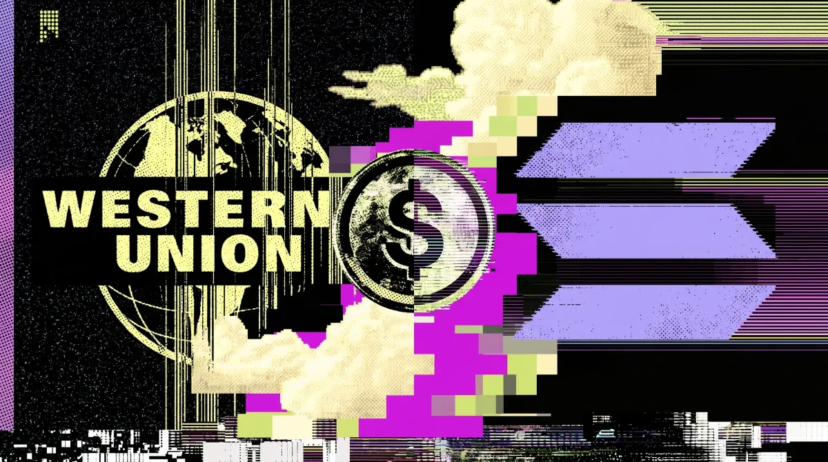 Western Union logo with a dollar coin and glitch-style motion effects, representing stablecoin payments moving on-chain via Solana.