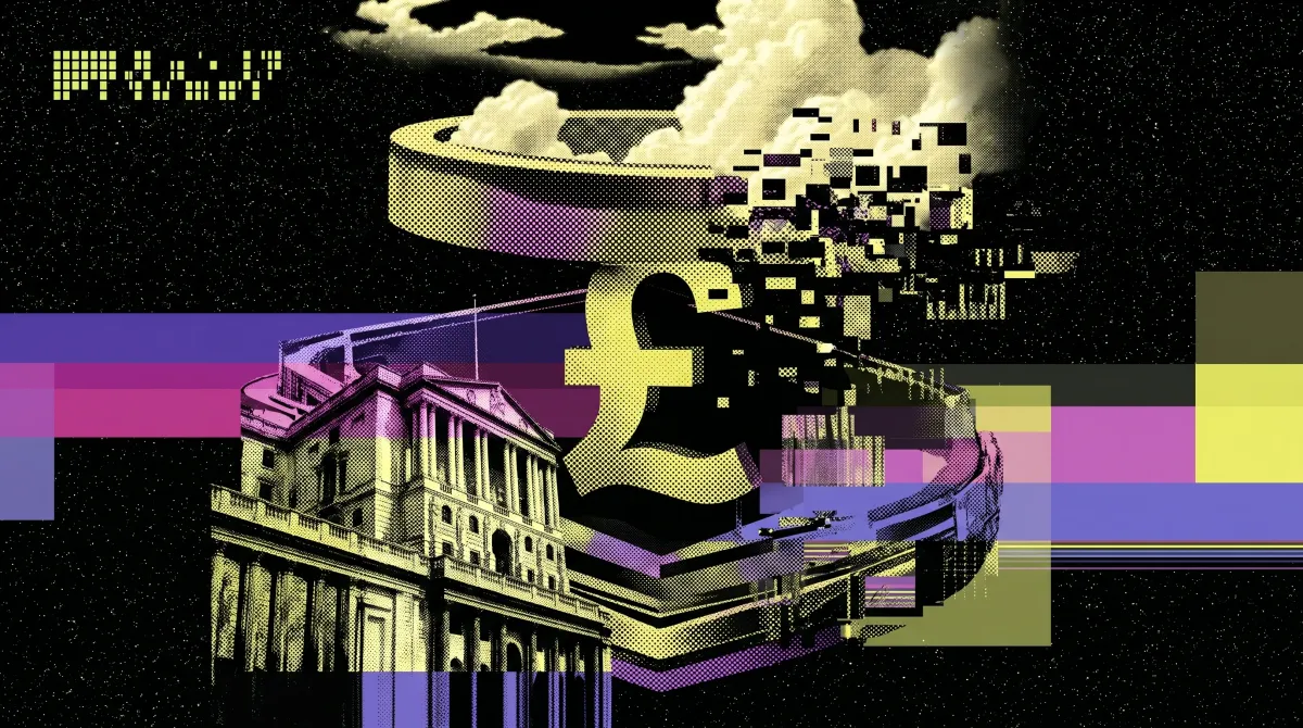 Illustration of the Bank of England and a large pound symbol dissolving into digital blocks representing UK stablecoin policy changes.