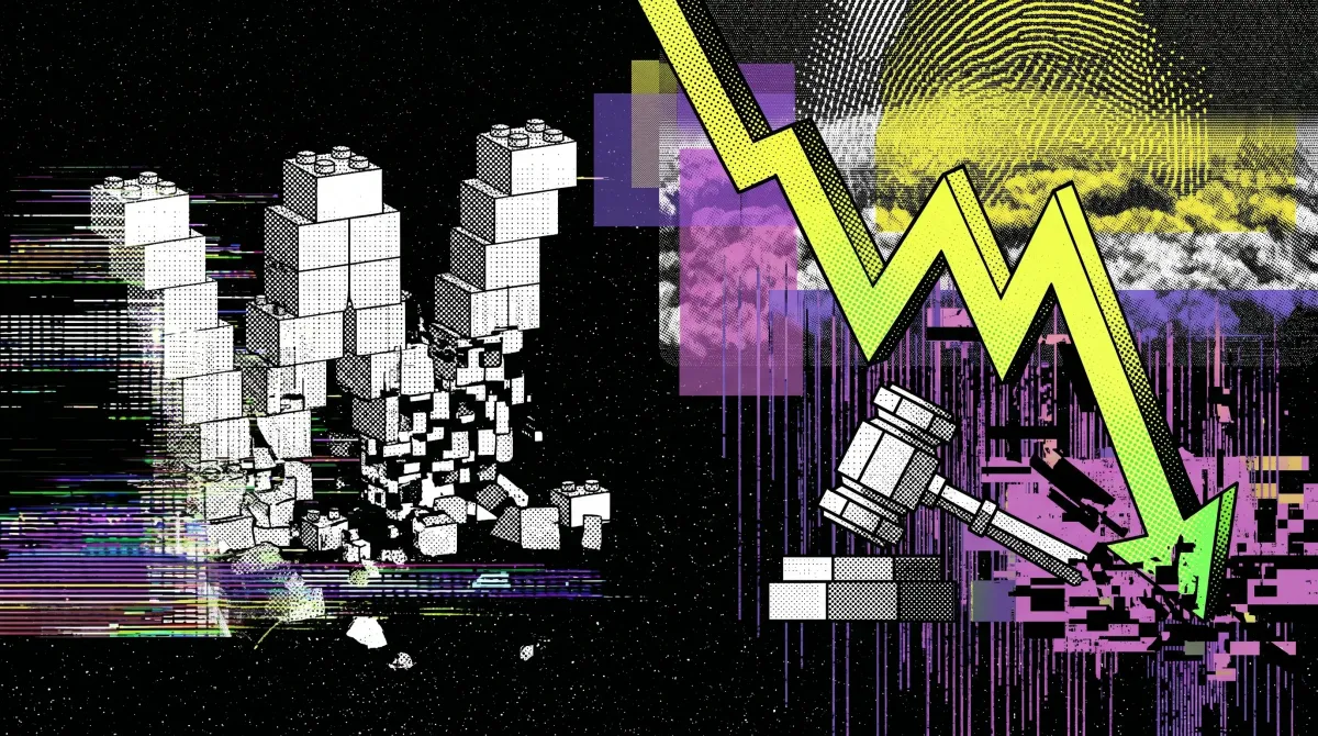 Falling chart arrow crashing into blocks with a judge’s gavel, symbolizing WLFI token collapse and defamation lawsuit against Justin Sun.