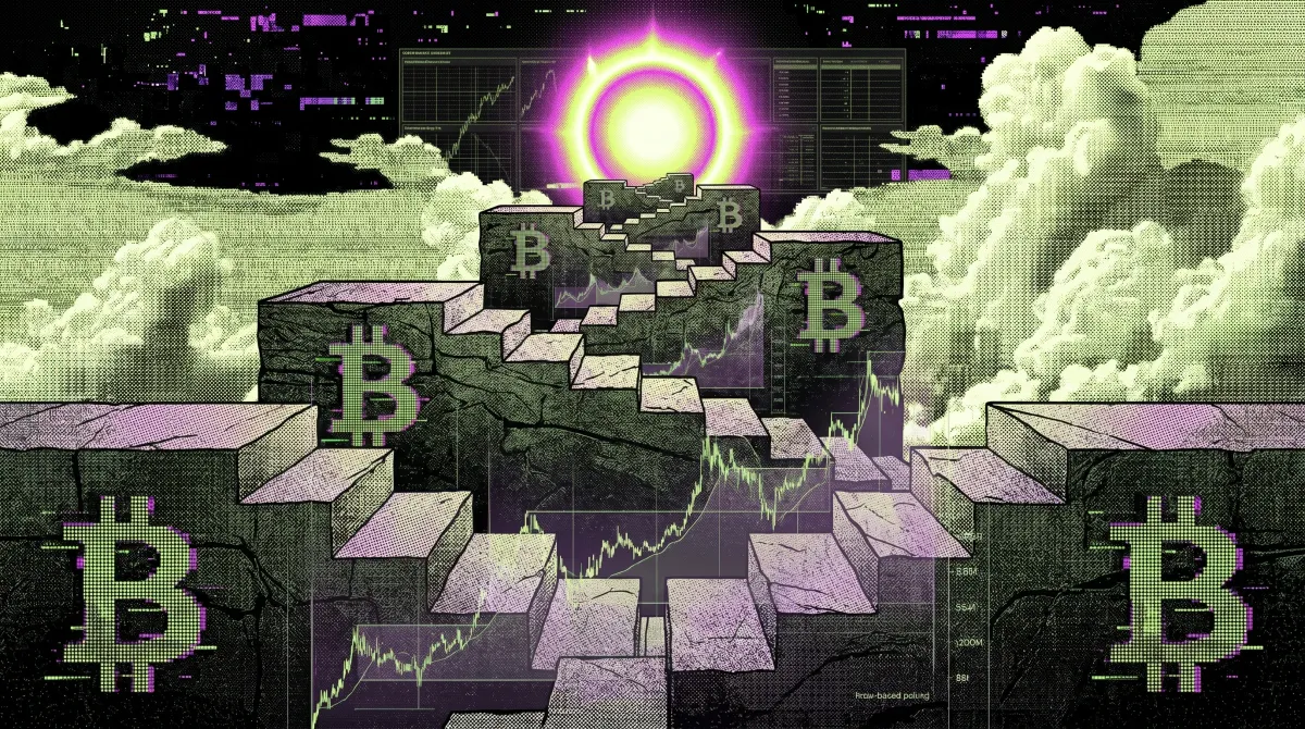 Illustration of Bitcoin climbing stone steps toward a bright horizon with price charts, representing 21Shares’ $100,000 post-halving outlook.