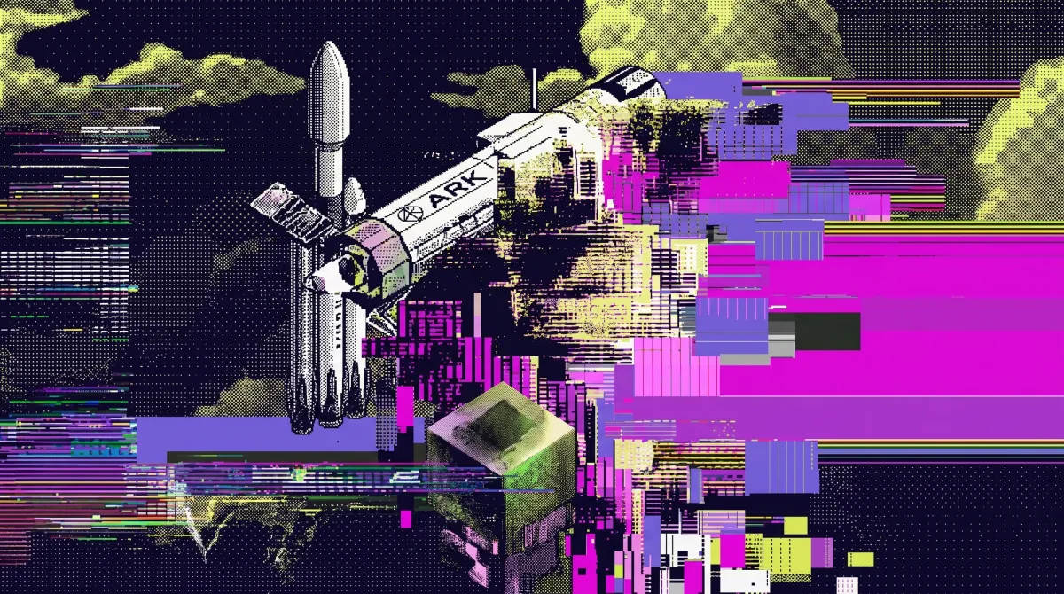 Illustration of a rocket and ARK Invest branding accelerating through a digital landscape, representing ARK’s $500M SpaceX investment and market impact.