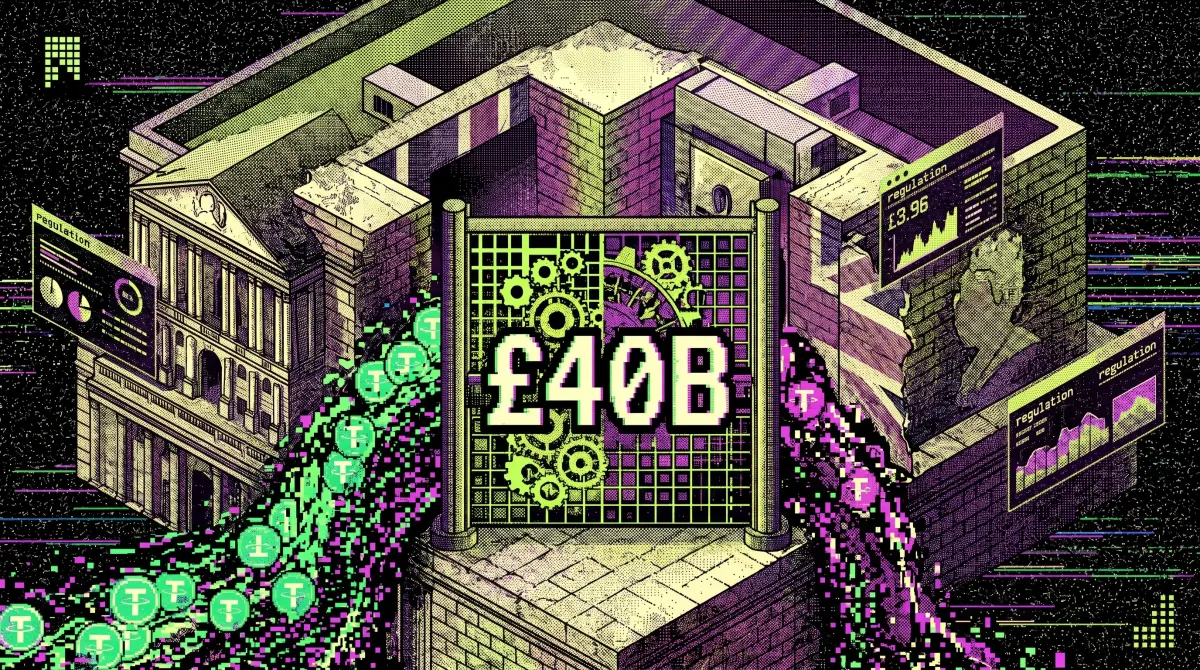 Illustration of the Bank of England as a walled vault with a £40B gate controlling streams of stablecoins under proposed regulation.