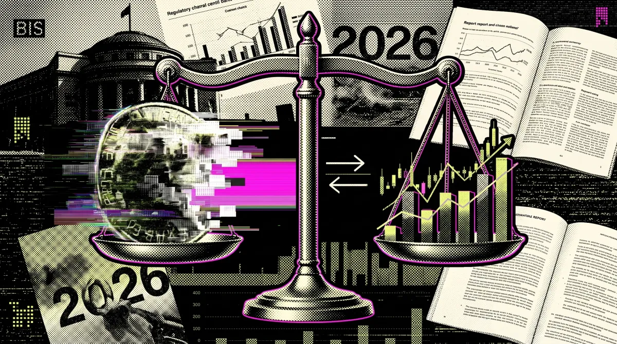 Illustration of balanced scales weighing a stablecoin against financial charts, with BIS reports and a central bank backdrop representing the 2026 stablecoin analysis.