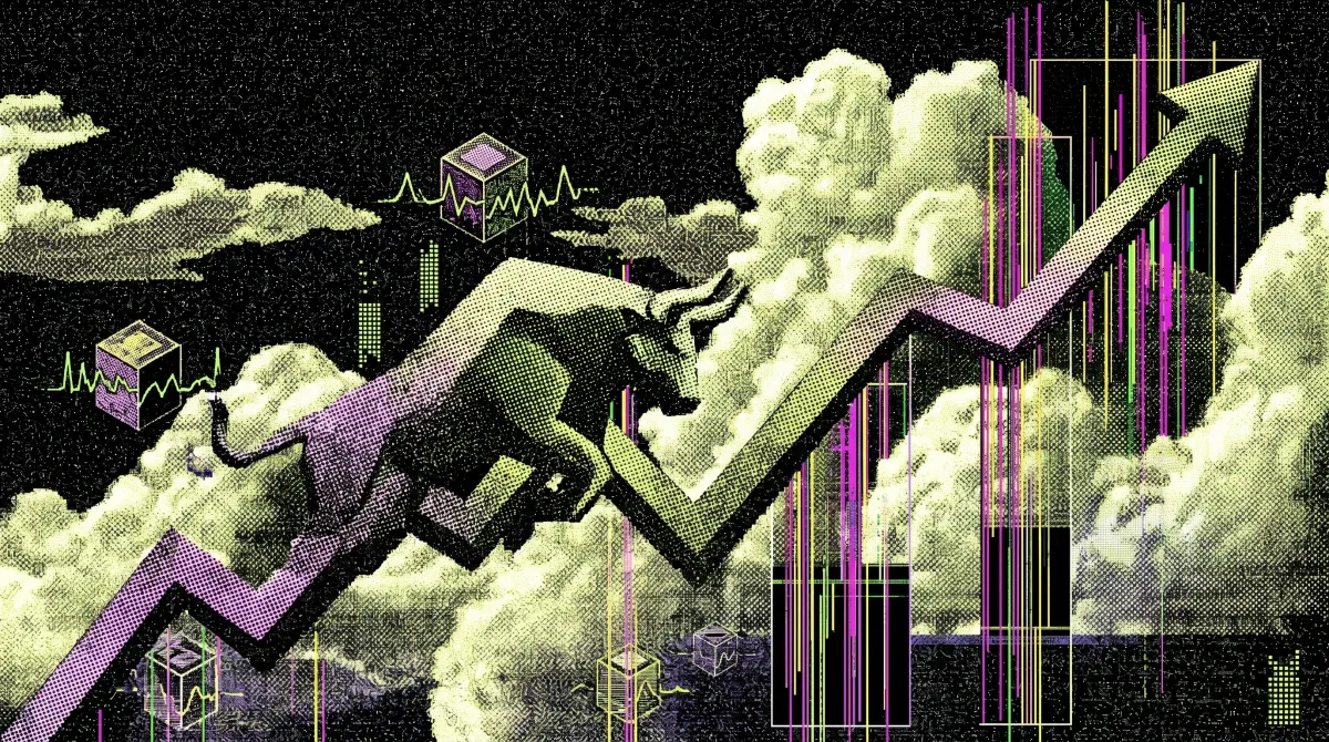 Illustration of a charging bull climbing an upward market chart through clouds, representing Bitwise’s outlook for a slower and less volatile crypto bull cycle.