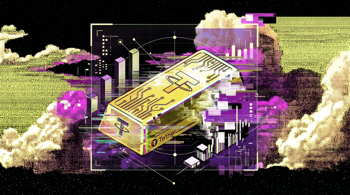 Illustration of a Tether Gold bar surrounded by market charts and trading visuals, representing Bybit’s launch of XAUT options with institutional liquidity.