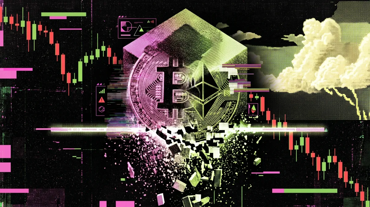 Illustration of Bitcoin and Ethereum breaking through a support level as falling market charts and liquidation effects spread across the scene.