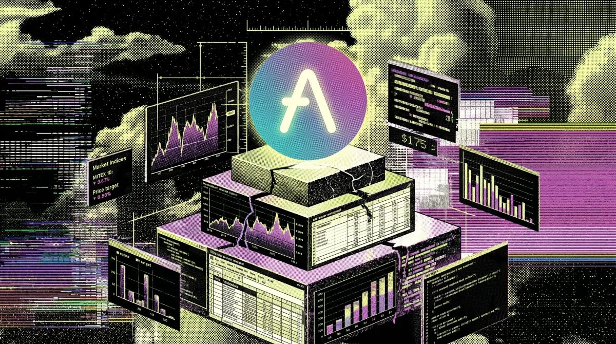 Illustration of the Aave logo elevated on a platform surrounded by financial charts, valuation models, representing Grayscale applying traditional finance analysis to DeFi valuation.