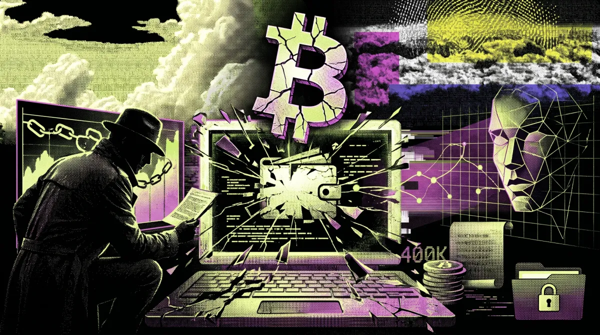 Illustration of an investigator and AI interface uncovering a lost Bitcoin wallet, with a broken laptop, recovered BTC, and security-themed visuals.