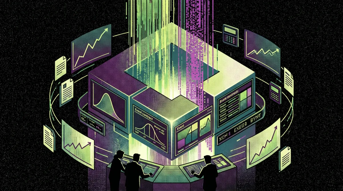 Illustration of a prediction market exchange hub surrounded by bankers, growth charts, and financial dashboards, representing Kalshi’s early IPO talks.
