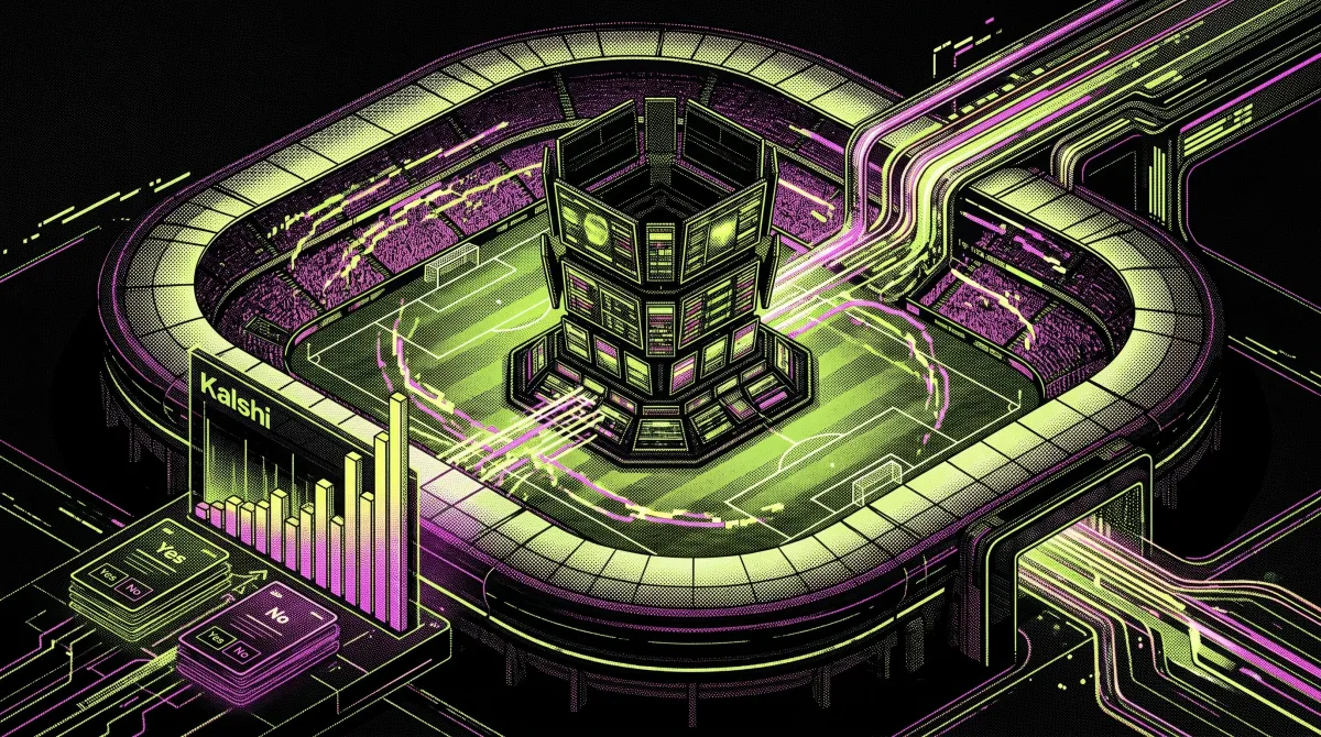 Illustration of a football stadium transformed into a prediction market hub, with Kalshi trading panels, yes/no contracts, and rising volume charts.