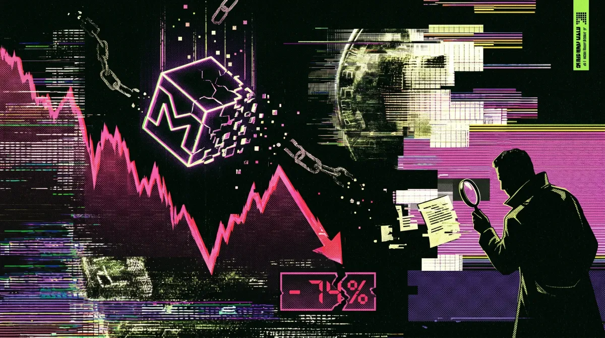 Illustration of a collapsing M token, falling price chart, and an investigator figure examining documents during a sharp market selloff.