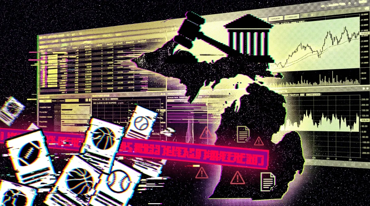 Illustration showing Michigan beneath a judge’s gavel, with blocked sports market slips, warning icons, and trading charts.