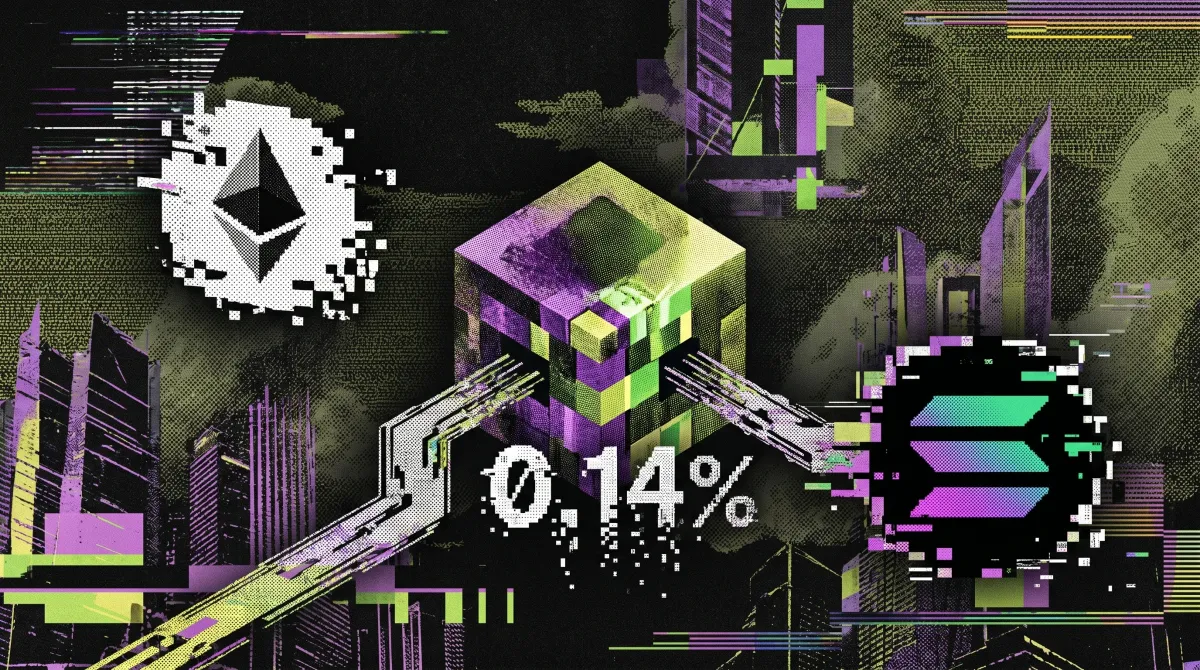 Illustration of Ethereum and Solana symbols linked to a central structure with a 0.14% fee figure, representing low-cost crypto ETFs.