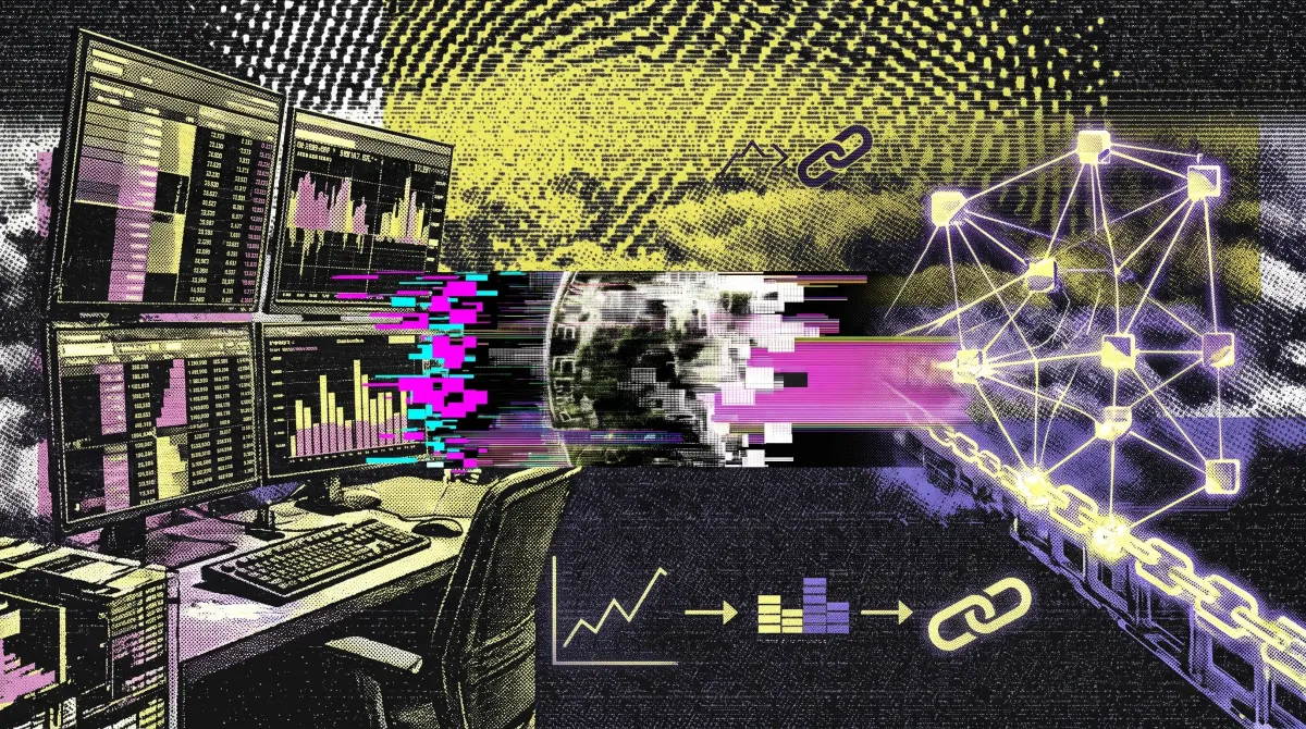Illustration of trading terminals sending market data through a digital pipeline into a blockchain oracle network.