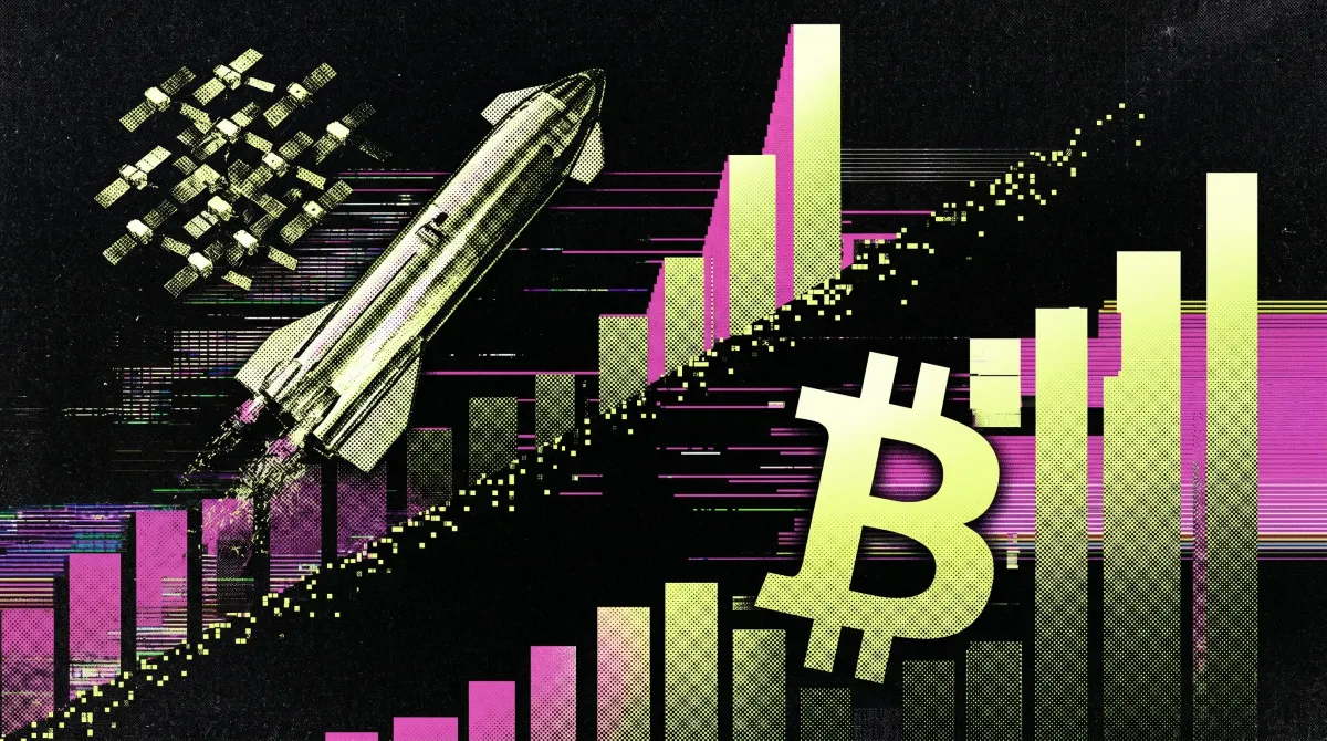 Illustration of a SpaceX rocket launching alongside rising market bars and a Bitcoin symbol, representing SpaceX’s $2.5 trillion valuation surpassing the broader crypto market.