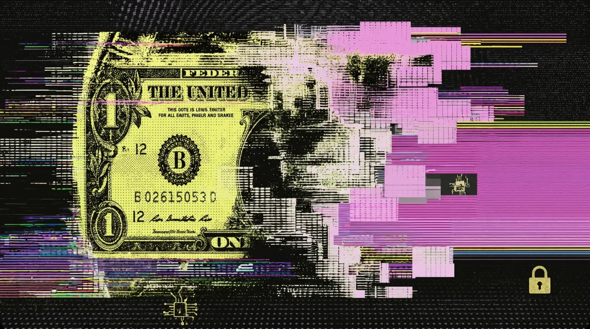 Illustration of a digital dollar being disrupted and restricted, representing the US ban on a Federal Reserve CBDC until 2030.