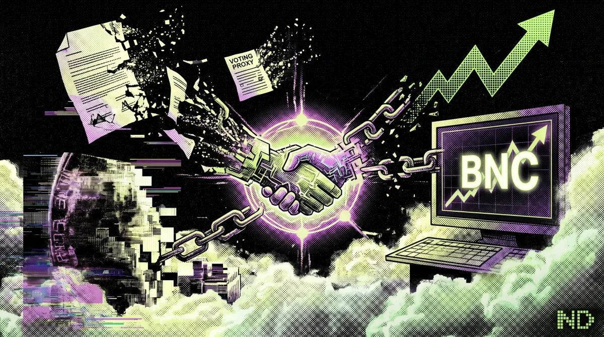 Illustration of two sides settling a proxy dispute through a handshake as broken chains reconnect and a rising BNC stock chart appears in the background.