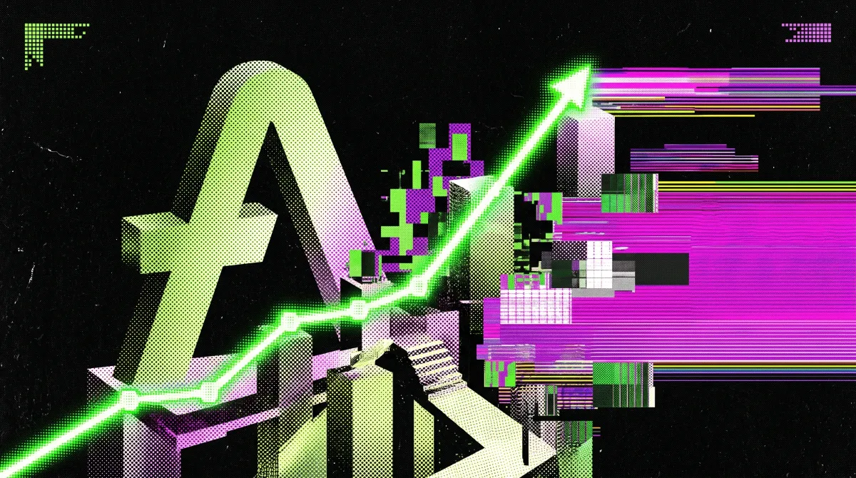Aave logo above a digital city with a glowing upward chart representing network growth before the V4 launch.