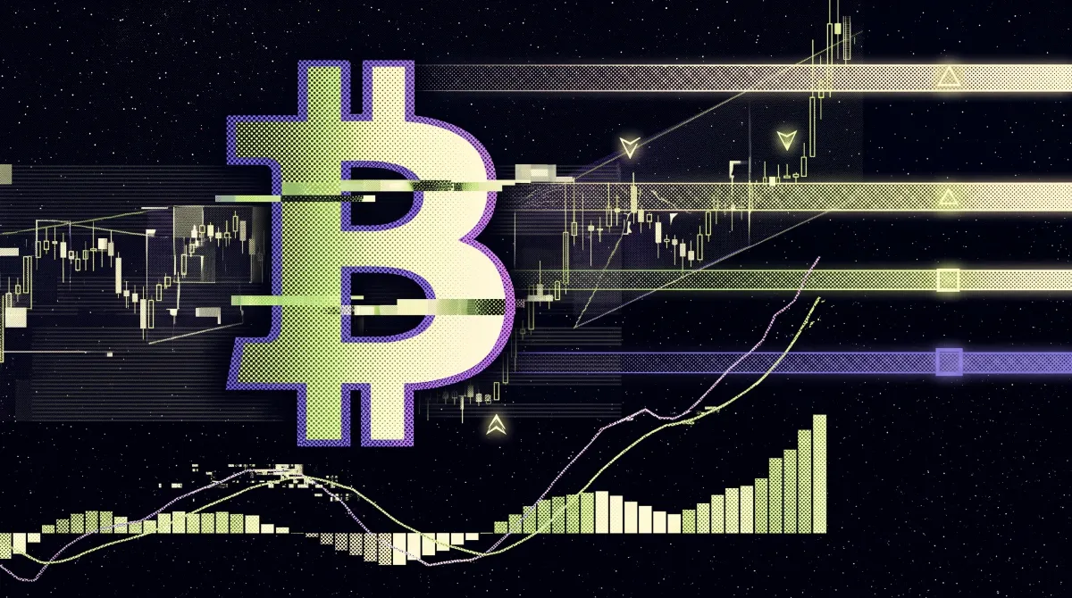 Illustration of a Bitcoin symbol over candlestick charts and a bullish MACD crossover with rising histogram bars highlighting key price levels.