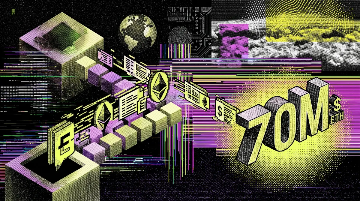 Illustration showing Ethereum assets moving through a blockchain bridge toward a large "70M ETH" graphic, representing Robinhood's first week of Layer 2 activity