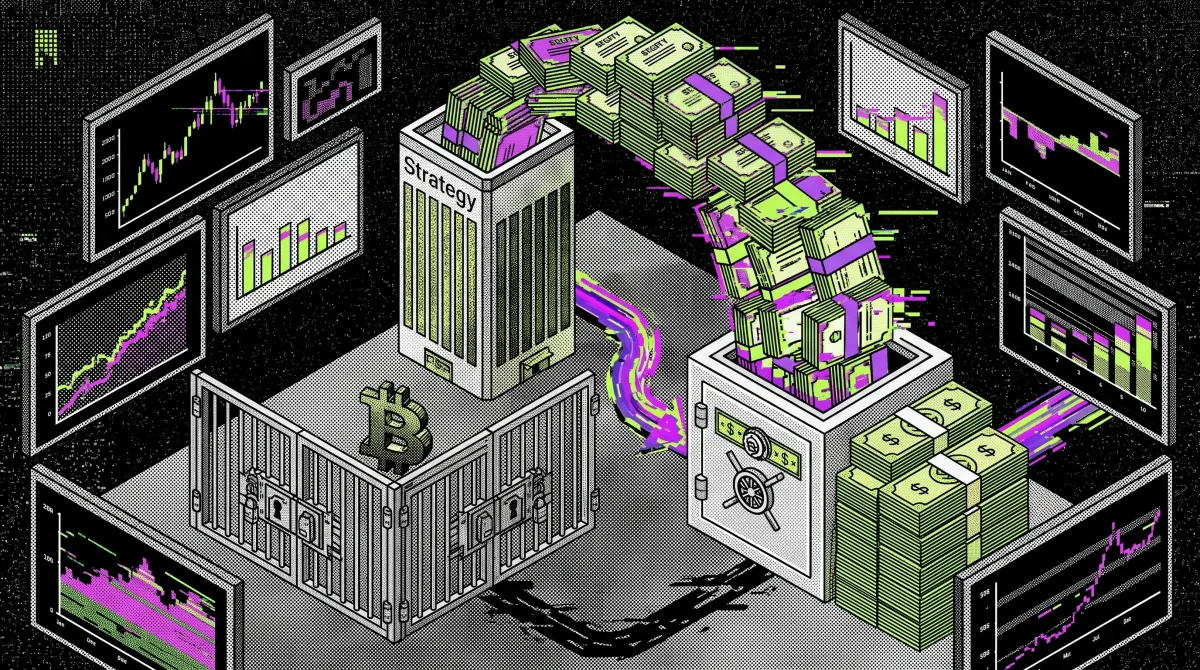 Illustration of Strategy moving cash into reserves while a locked Bitcoin vault symbolizes no new BTC purchases.