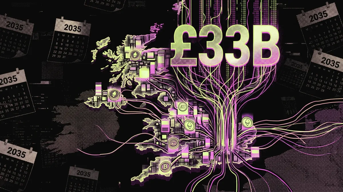 Stylised map of the UK connected by digital networks beneath a large “£33B” and 2035 calendars, symbolising the UK's tokenized finance ambitions.