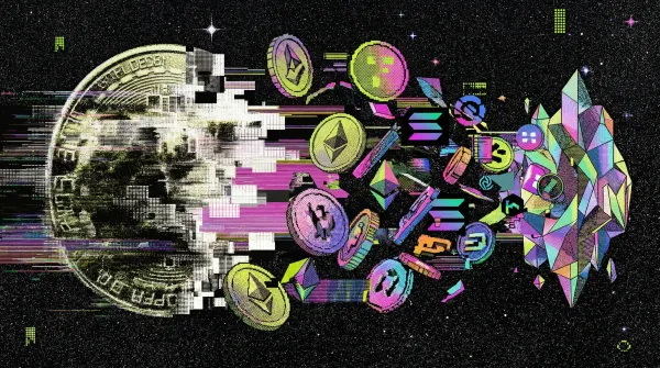Glitch-art illustration of a Bitcoin coin breaking apart into numerous altcoin tokens against a dark starfield with pixel distortion effects.