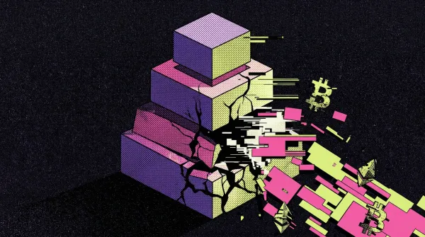 Crumbling geometric blocks with crypto symbols fragmenting against a dark background.