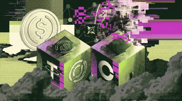Illustration of stablecoin symbols including USDC on blockchain-styled blocks with digital glitch effects.