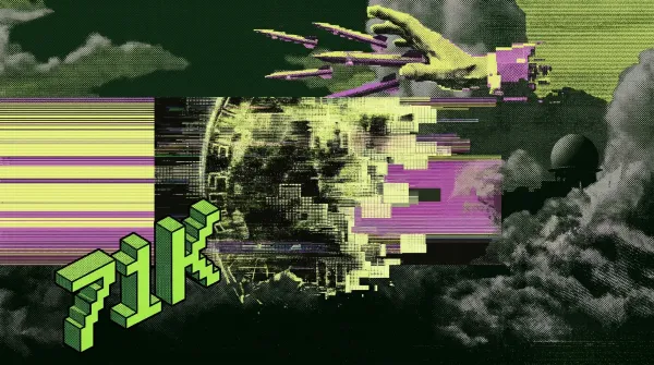 Glitch-style digital artwork with green isometric 71K text and magenta pixel distortions representing Bitcoin's price surge.