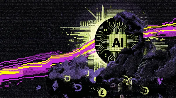 AI circuit board symbol rising above fading altcoin logos against a dark digital background.