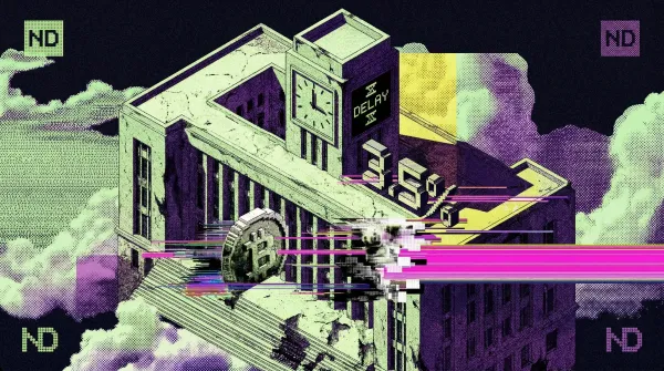 Glitch-style illustration of a government building with a Bitcoin coin, clock showing delay, and 3.5% text representing Brazil's crypto tax.