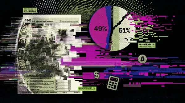 Glitch-style illustration showing a tax form, calculator, and a pie chart split 49% to 51%, representing a Coinbase report on the crypto tax knowledge gap among investors.