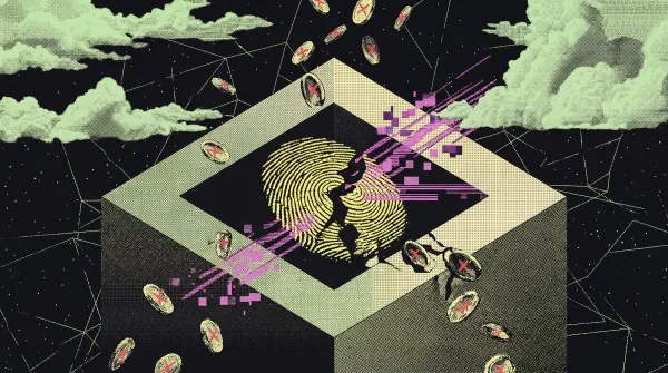 A stylised illustration of a cracked digital cube with a fingerprint at its centre, surrounded by falling tokens marked with red Xs, representing fraudulent crypto activity.