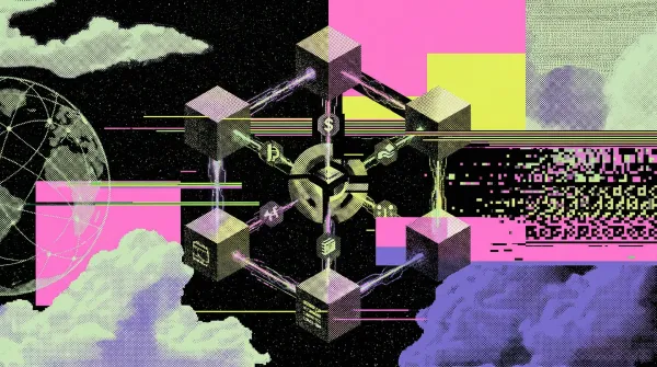 Illustration of interconnected blockchain nodes and financial symbols forming a decentralised network, representing a guide to DeFi and decentralised finance in 2026.