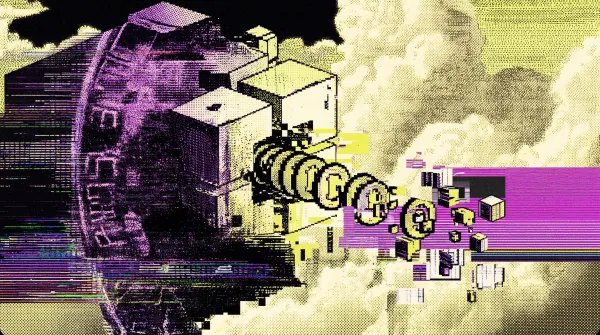 Digital vault releasing tokenised coins and data blocks into a cloud in a glitch-style illustration.