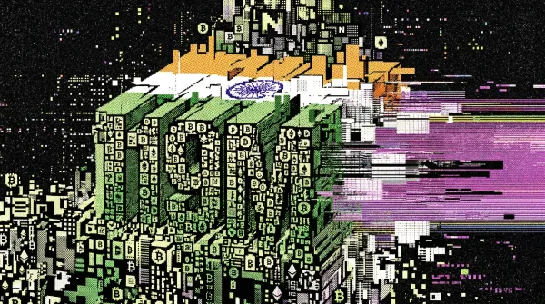 Digital cityscape illustration with cryptocurrency symbols and Indian flag colours representing India leading global crypto adoption with 119 million holders.