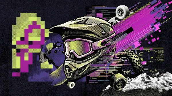 Extreme sports collage featuring a helmeted rider, skateboard, and off-road vehicle with glitch-art effects and pixel graphics.