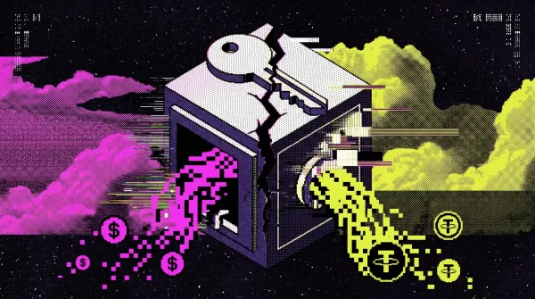 Illustration of a broken key on top of a cracked vault with stablecoin tokens spilling out, representing the Resolv Labs USR stablecoin hack.